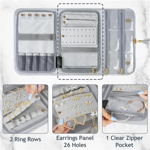 Jewelry Travel Organizer for Women, Tangle Free Portable Leather Jewelry Storage - Picture 3 of 7